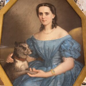 19th century Pastel portrait 0f a lady in blue dress, with a dog, in a Hexagonal frame. Signed R.I.K (1866)