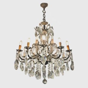 Large Neapolitan Chandelier with large crystal pendant drops on a bronze frame.