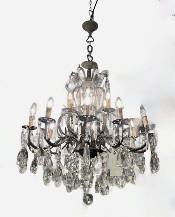 Large Neapolitan Chandelier with large crystal pendant drops on a bronze frame.