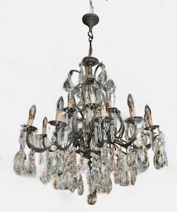 Large Neapolitan Chandelier with large crystal pendant drops on a bronze frame. - Image 3