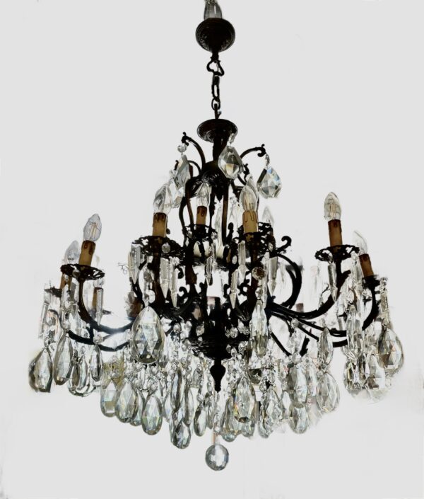 Large Neapolitan Chandelier with large crystal pendant drops on a bronze frame. - Image 4