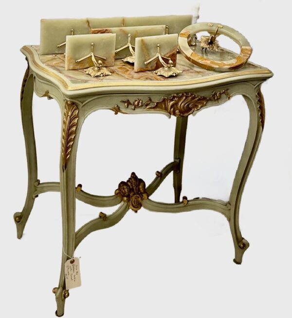 Onyx and bronze bathroom set comprising 8 pieces and a mirror. Table sold separately.(circa 1950)
