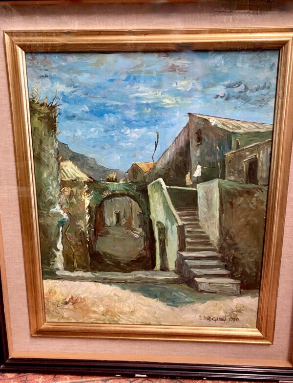 Oil Painting of rustic buildings by R. Grassi (circa 1970)(HHP)