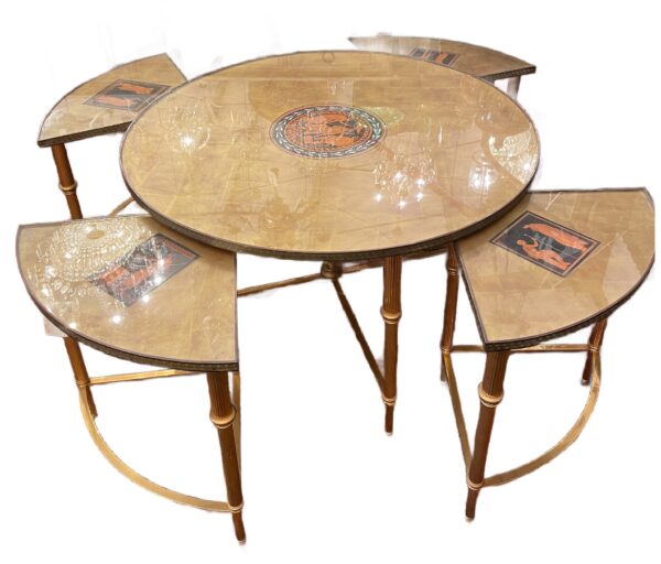 Gilded Fornassetti style table, with 4 corner tables. ( circa 1960)