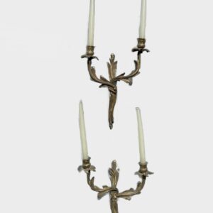 Pair of bronze wall appliqués, 40cm high x 30cm wide. For candles or can be electrified.