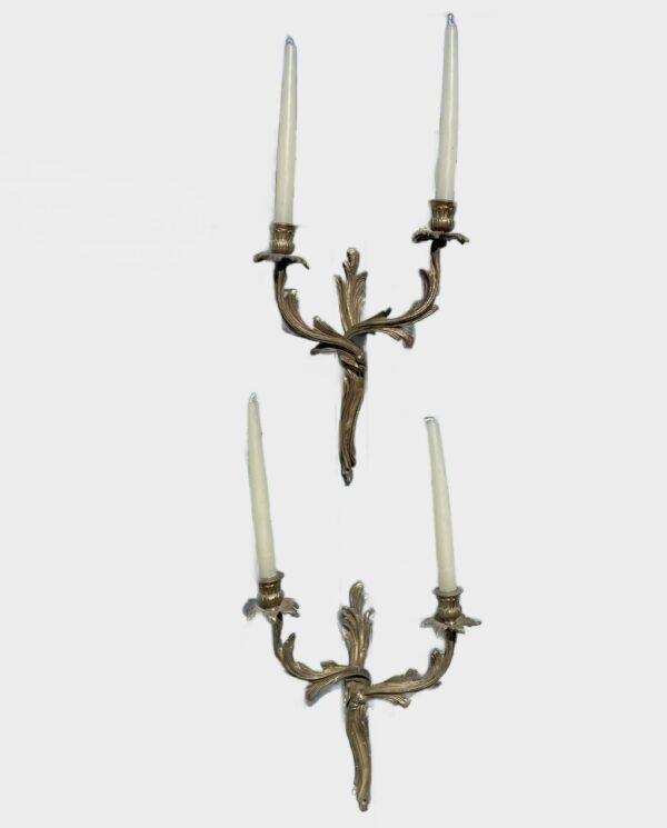 Pair of bronze wall appliqués, 40cm high x 30cm wide. For candles or can be electrified.
