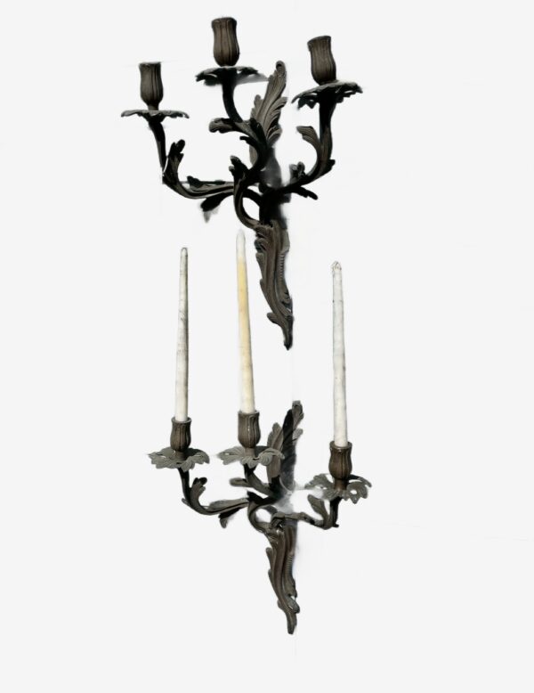 Pair of bronze wall appliqués, 36cm high x 30cm wide. For candles or can be electrified.