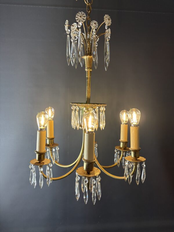 Mid-century light with a brass frame and 6 lights.