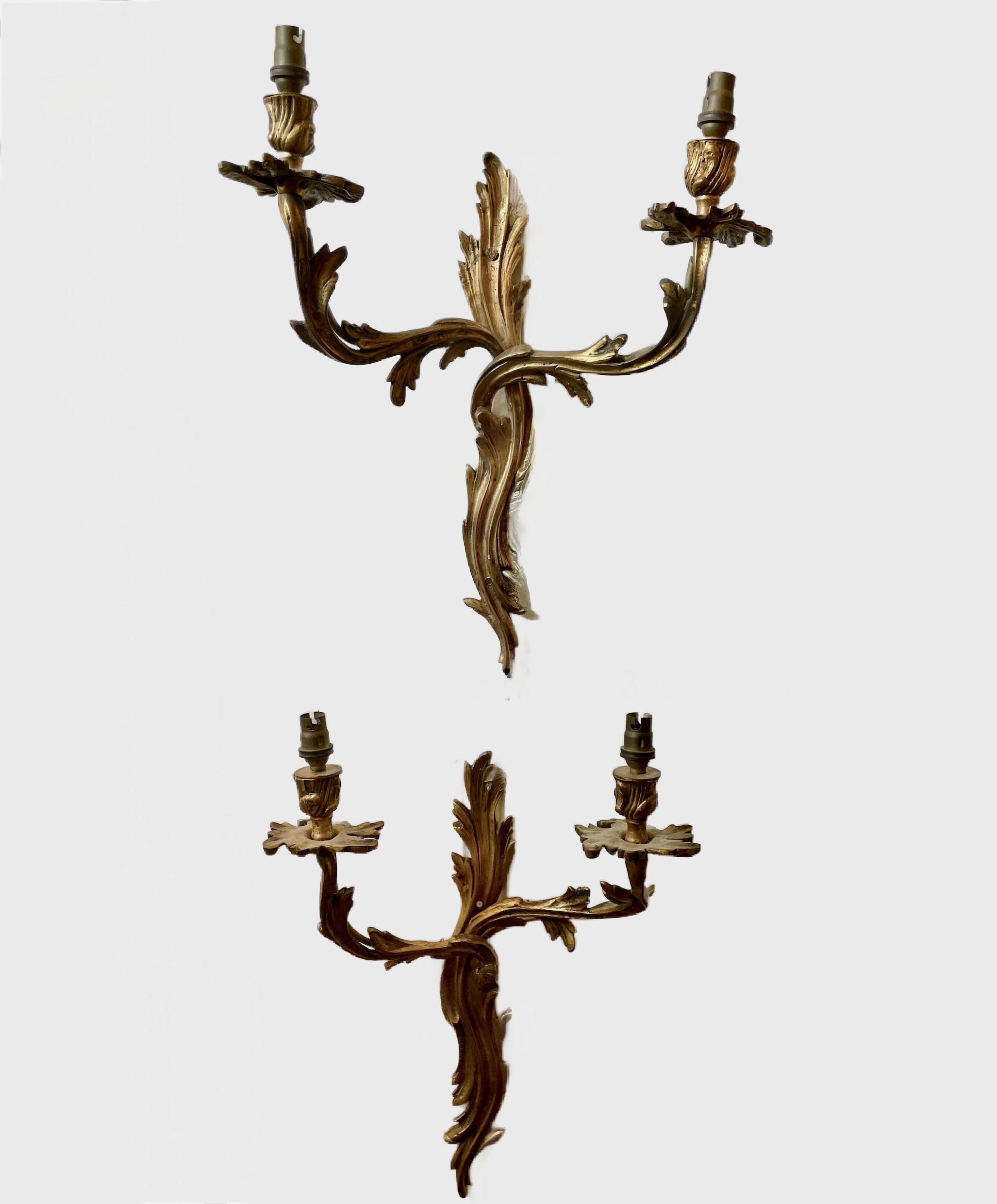Pair of bronze wall appliqués, 37cm high x 30cm wide. For candles or can be electrified.
