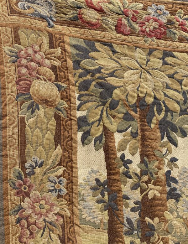 English 19th century Tapestry, depicting, a hunting scene with dogs and horse in a  castle garden. - Image 5