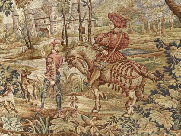 English 19th century Tapestry, depicting, a hunting scene with dogs and horse in a  castle garden. - Image 2