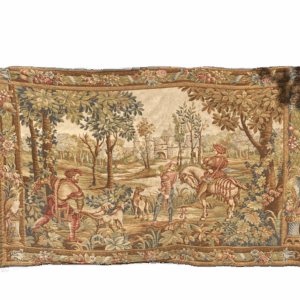 English 19th century Tapestry, depicting, a hunting scene with dogs and horse in a castle garden.