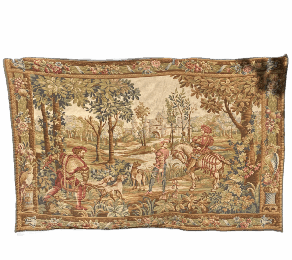 English 19th century Tapestry, depicting, a hunting scene with dogs and horse in a  castle garden.
