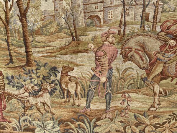 English 19th century Tapestry, depicting, a hunting scene with dogs and horse in a  castle garden. - Image 4