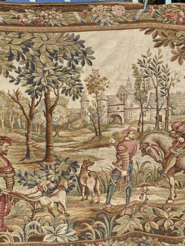 English 19th century Tapestry, depicting, a hunting scene with dogs and horse in a  castle garden. - Image 3