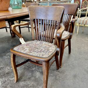 8 Edwardian oak elbow chairs with tapestry seats. (BHPP)