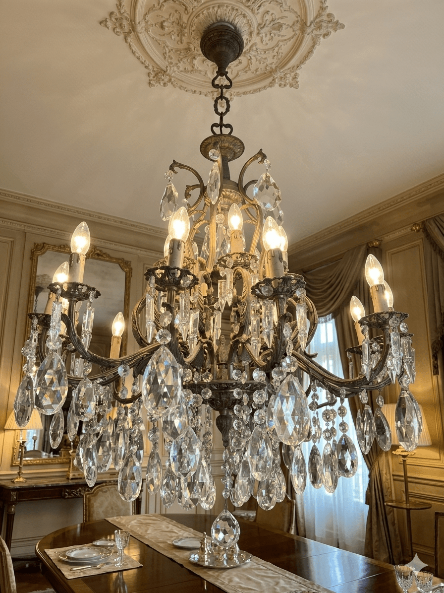 Large Neapolitan Chandelier with large crystal pendant drops on a bronze frame.
