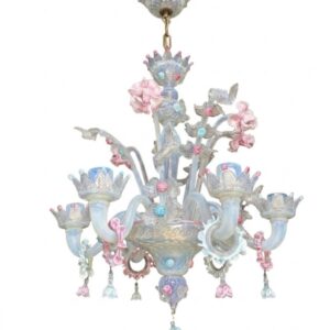 Opaline Murano chandelier with hand blown leaves and flowers.