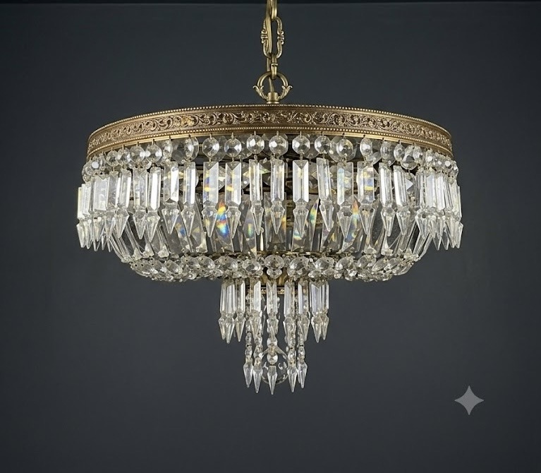 Ceiling light designed by Nino Rivoli, using Murano prism drops.